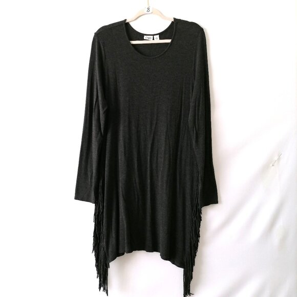 Cato Womens Black Long Sleeve Round Neck Fringe Short Mini Dress Size L Pre Owne - Picture 1 of 7